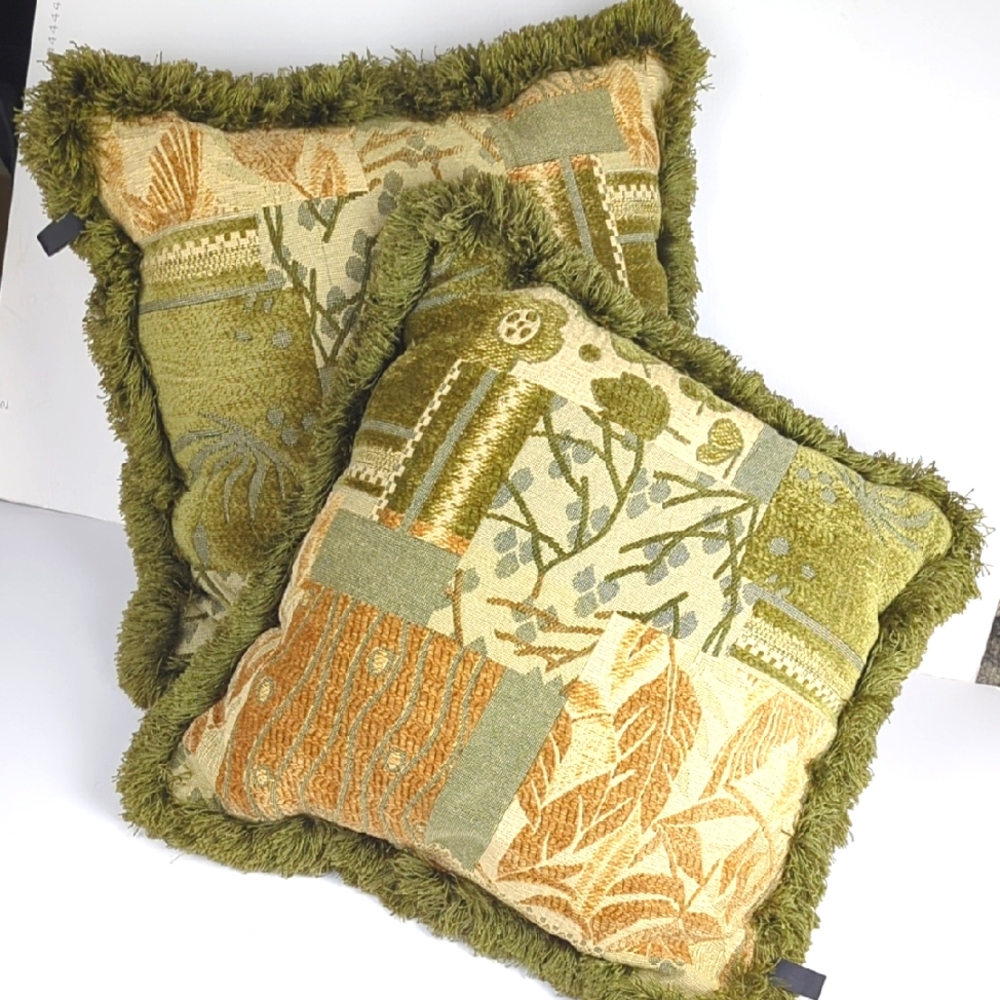 BORGATA Set of Two Green Fringe Tapestry Patch Accent Pillows